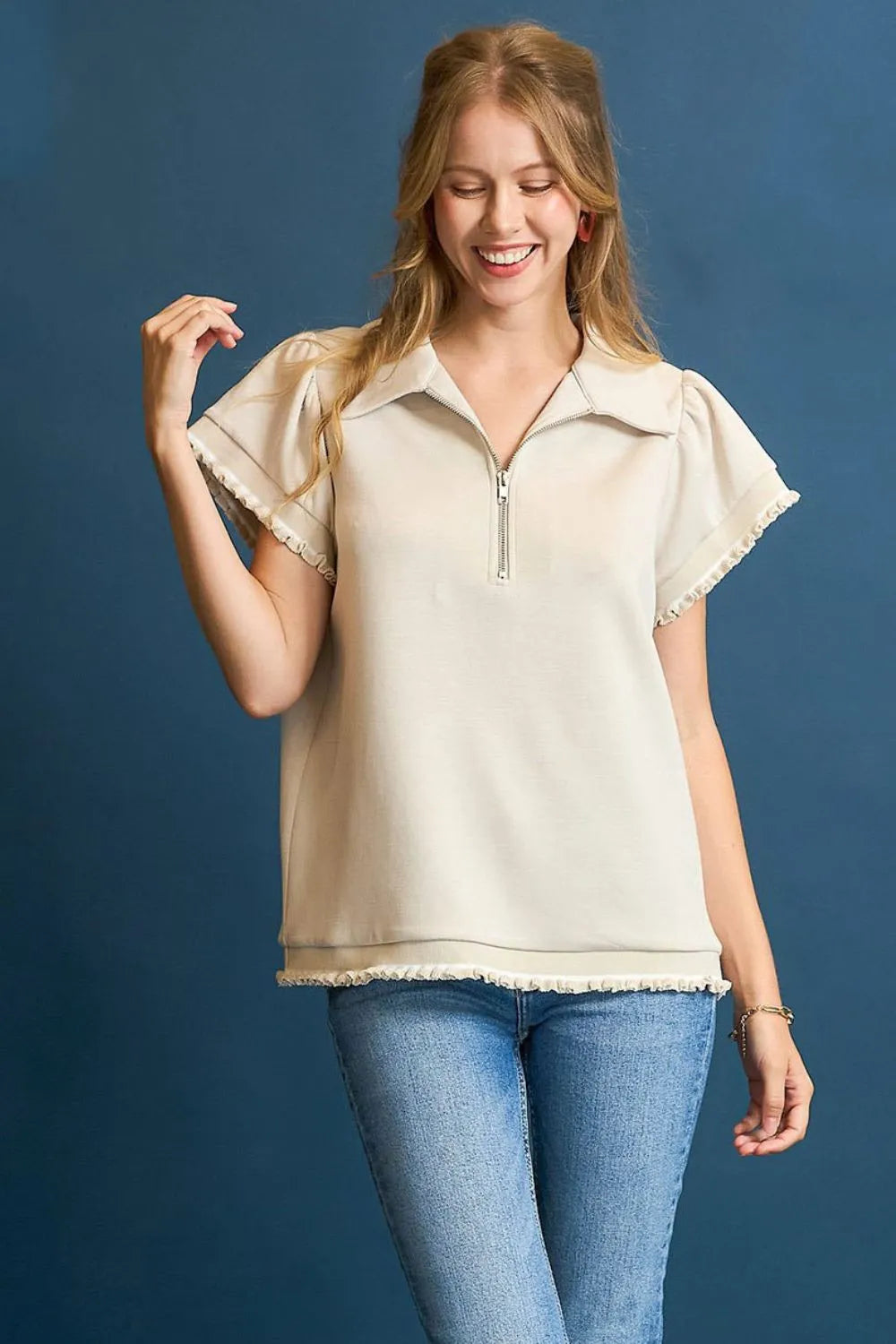 Umgee Frill Hem Half-Zip Collared Blouse - Ladyez