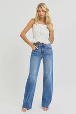RISEN Full Size Tummy Control Elastic Band High Rise Wide Jeans Plus Size - Ladyez