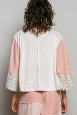 POL Exposed Seam Floral Patchwork Round Neck Textured Slub Knit Top