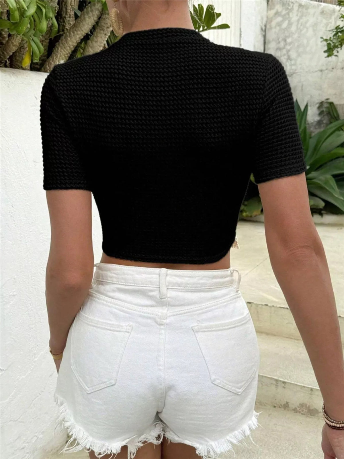 Fringe Hem Waffle Knit T-Shirt