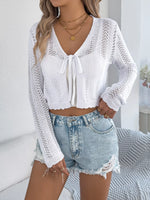 Openwork Tie Front Long Sleeve Cardigan