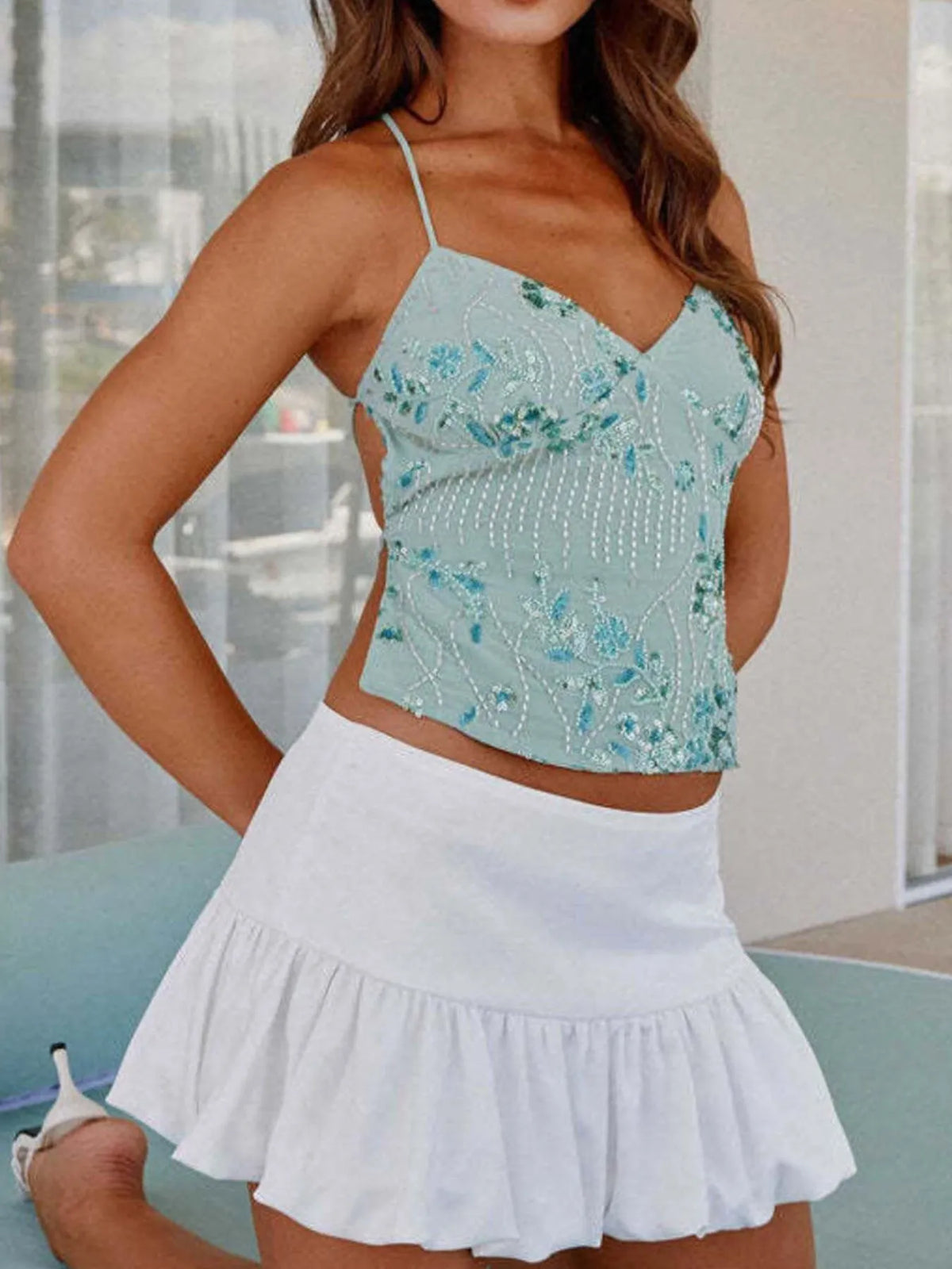Crisscross Back V-Neck Cami - Ladyez