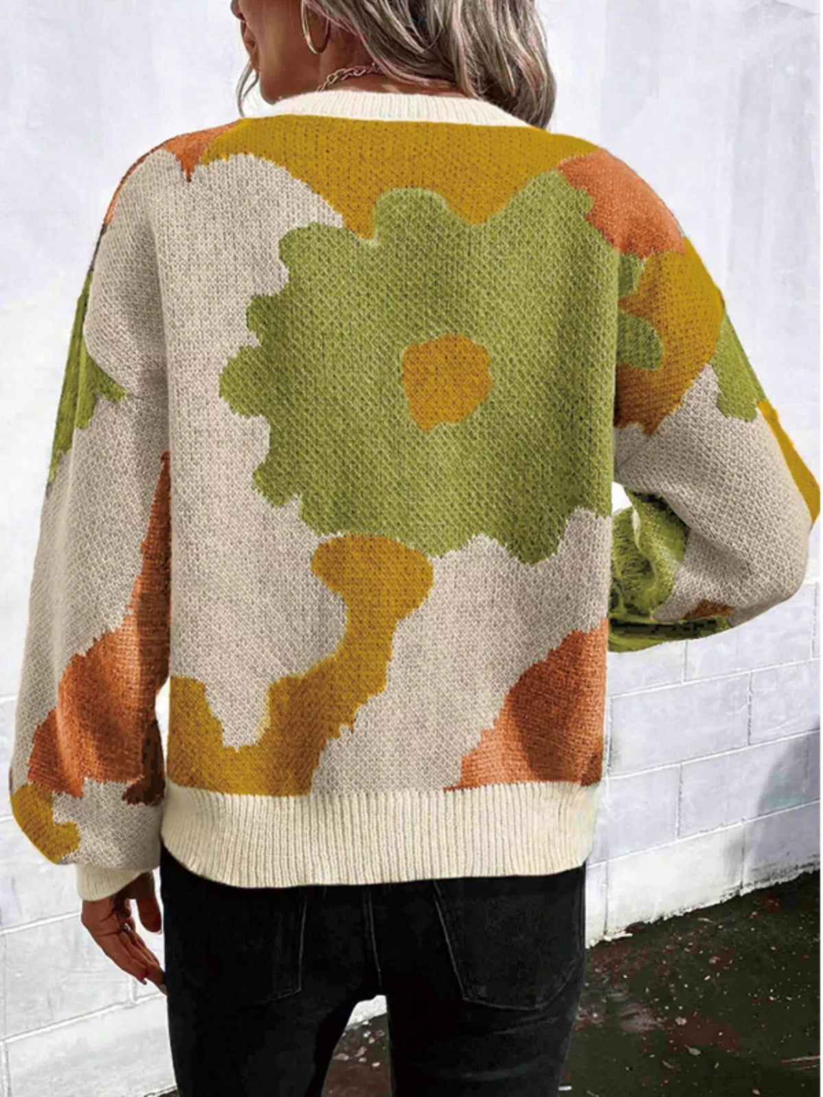 Floral Pattern Round Neck Sweater