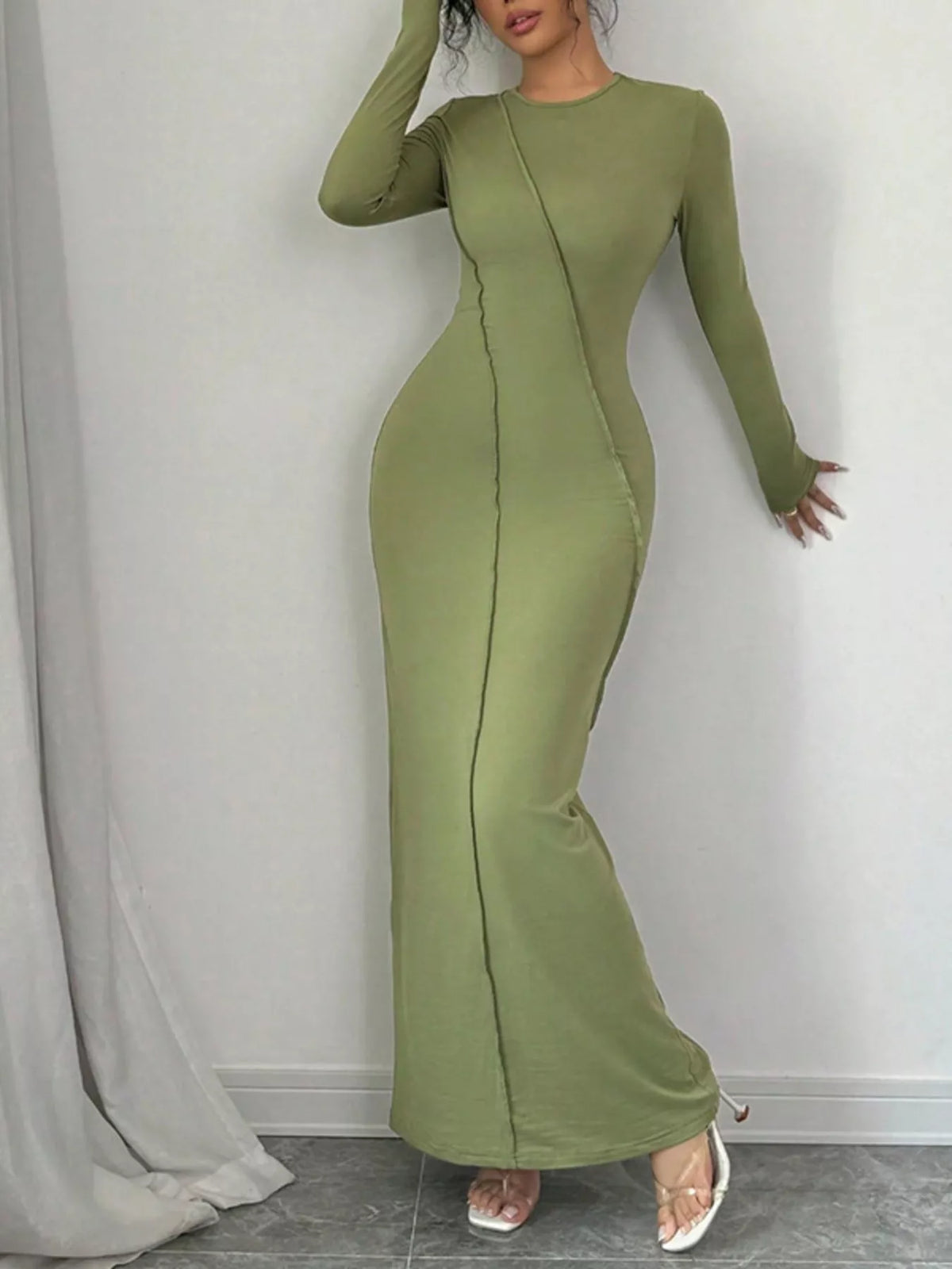 Exposed Seam Long Sleeve Maxi Dress