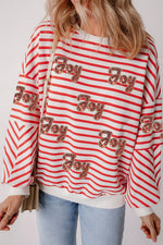 Stripe Sequined Joy Pattern Patchwork Sleeve Round Neck Sweatshirt
