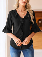 Ruffle V-Neck Flounce Sleeve Blouse
