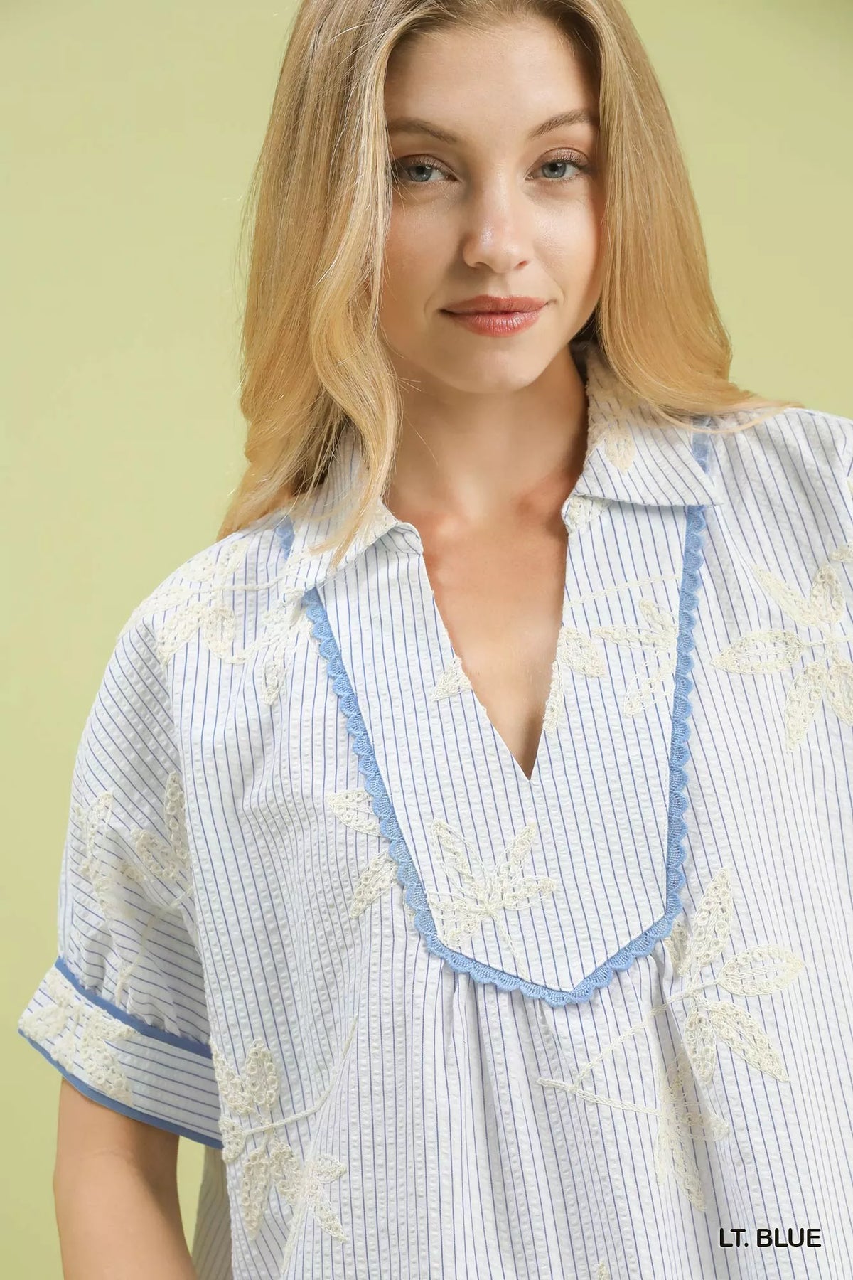 Umgee Striped Embroidered Blouse with Scallop Trim