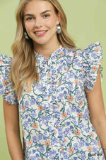 Umgee Floral Print RuffleCap Sleeve Shirt