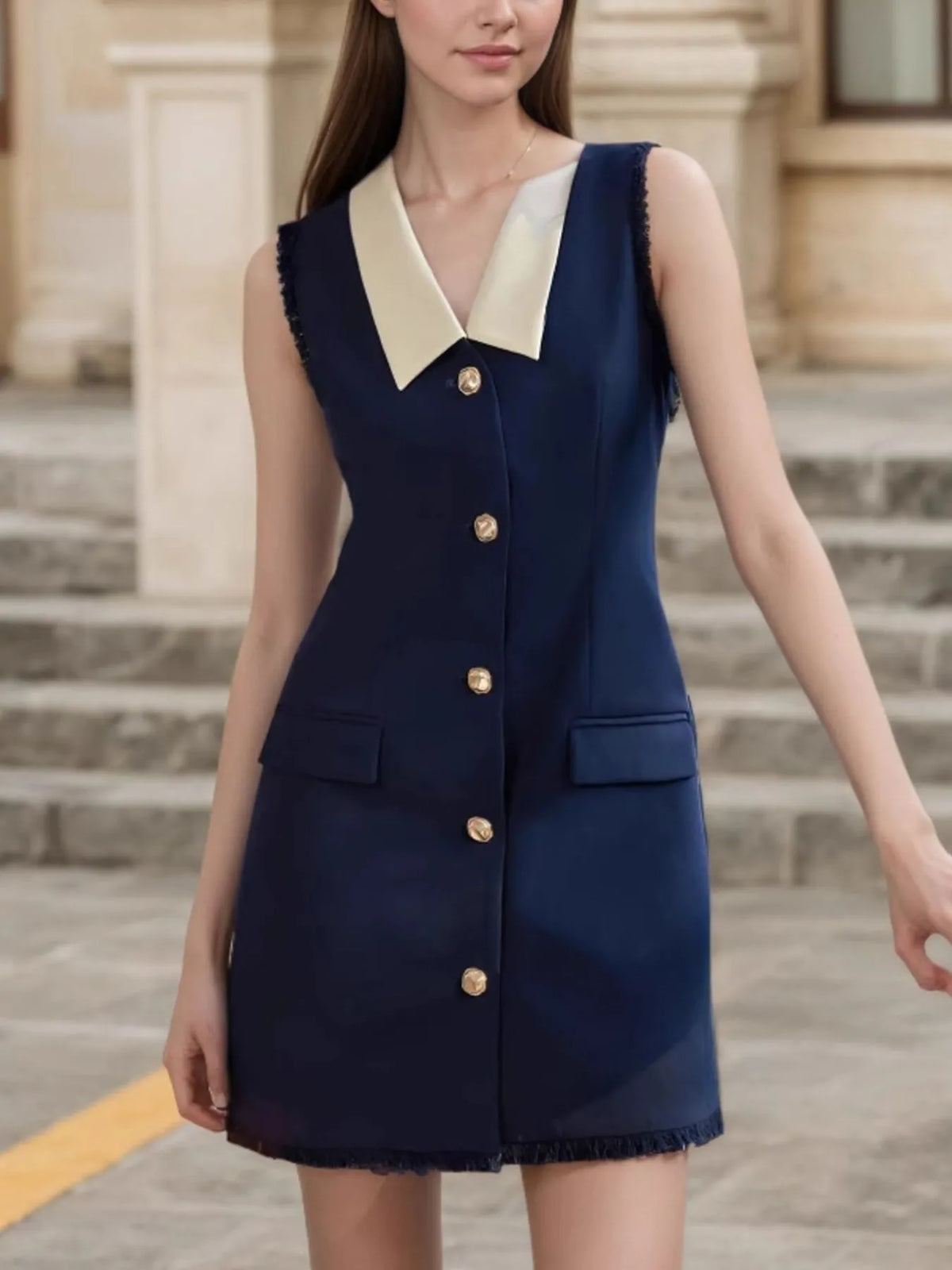Contrast Collar Button-Front Sleeveless Mini Dress - Ladyez