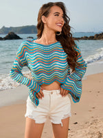 Striped Boat Neck Long Sleeve Cover Up - Ladyez