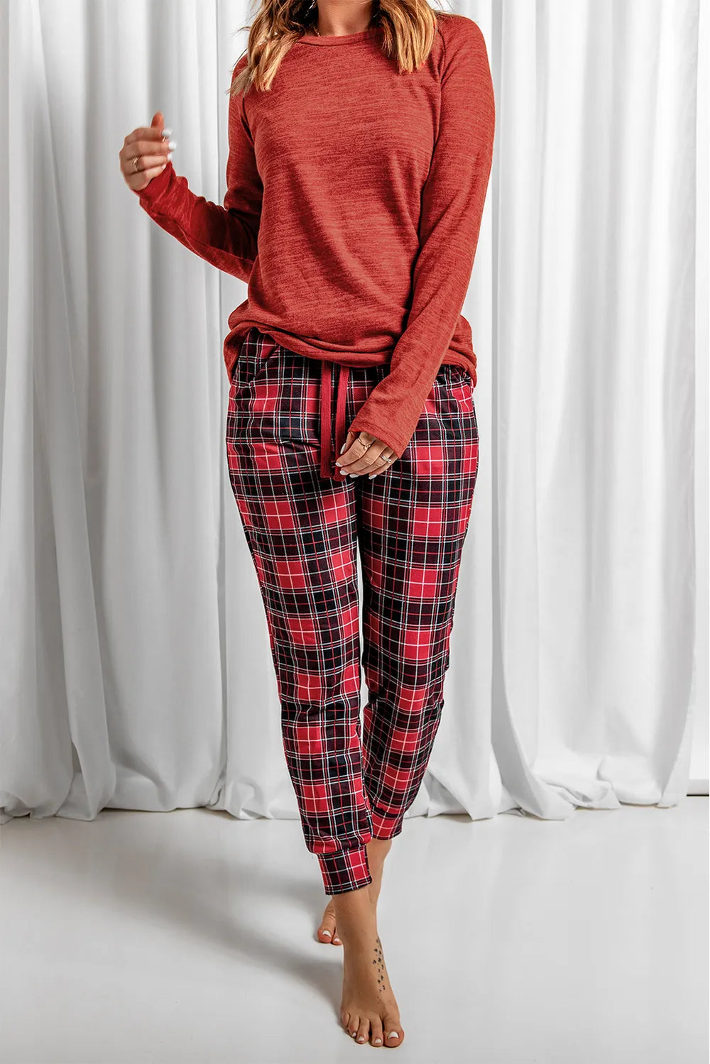 Round Neck Top and Drawstring Plaid Pants Lounge Set - Ladyez