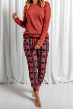 Round Neck Top and Drawstring Plaid Pants Lounge Set - Ladyez