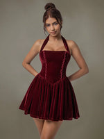 Velvet Halter Skater Dress - Ladyez