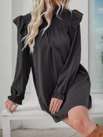 Ruffled Notched Long Sleeve Dress