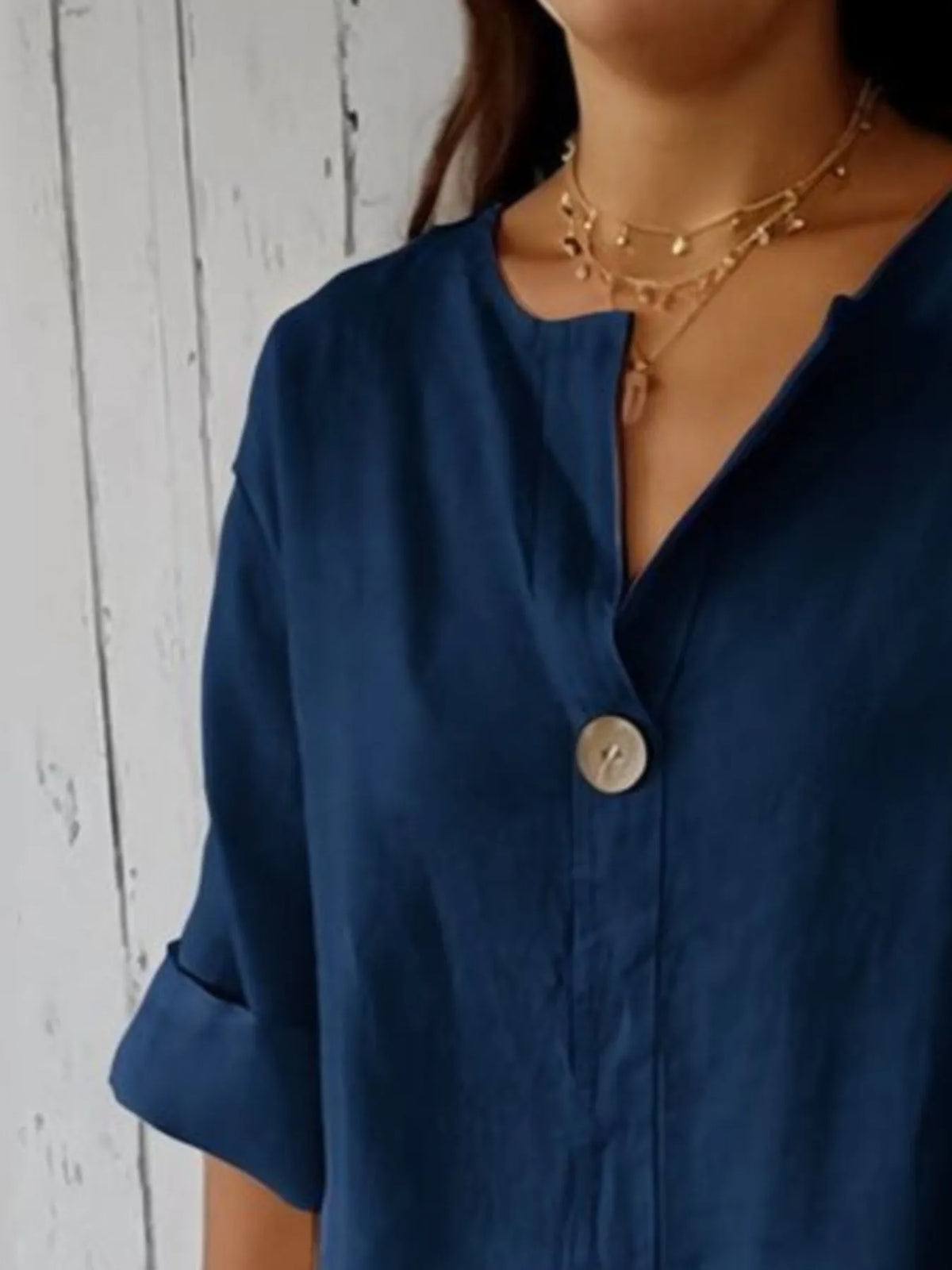 Full Size Linen Blend Notched Blouse Plus Size - Ladyez
