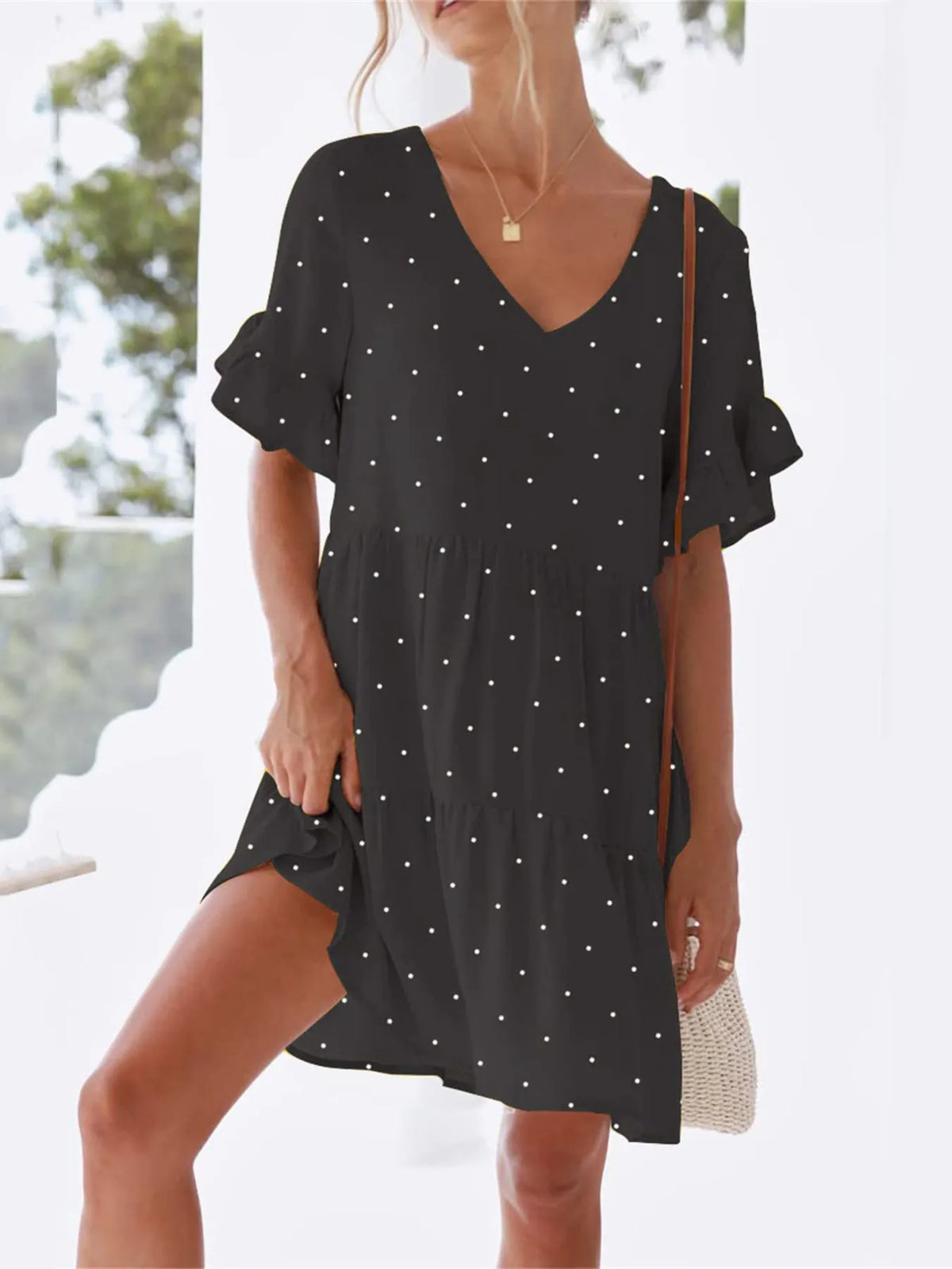 Polka Dot V-Neck Short Sleeve Mini Dress - Ladyez