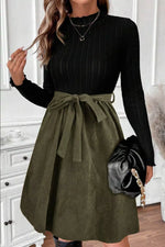 Ribbed Tie Waist A-Line Dress