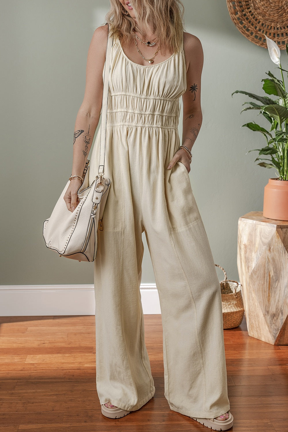 Ruched Sleeveless Wide Leg Jumpsuit - Ladyez