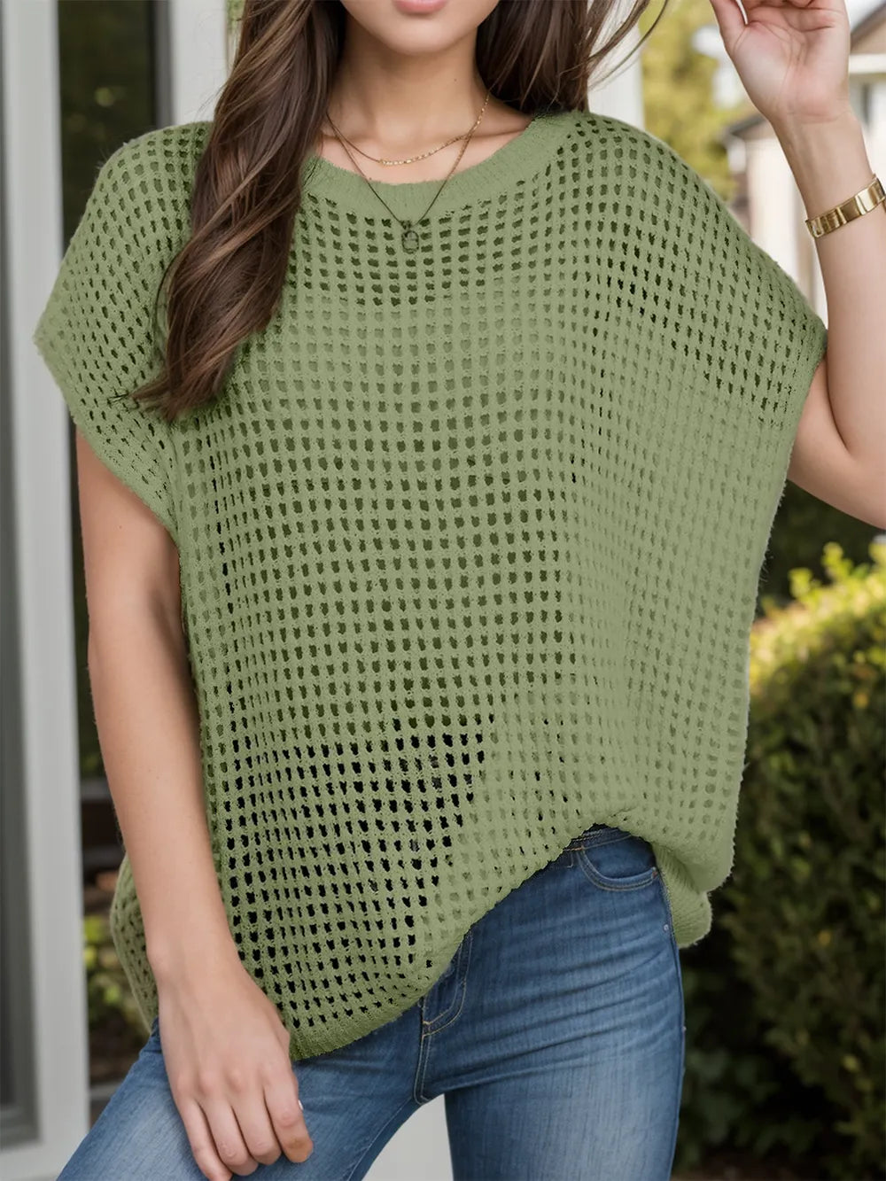 Openwork Round Neck Short Sleeve Cover-Up - Ladyez