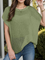 Openwork Round Neck Short Sleeve Cover-Up - Ladyez