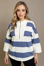 Oh Pima Cotton Wash Striped Half Zip Mock Neck Long Sleeve Top