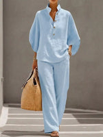Full Size Button Detail 3/4 Sleeve Top and Pants Set Plus Size