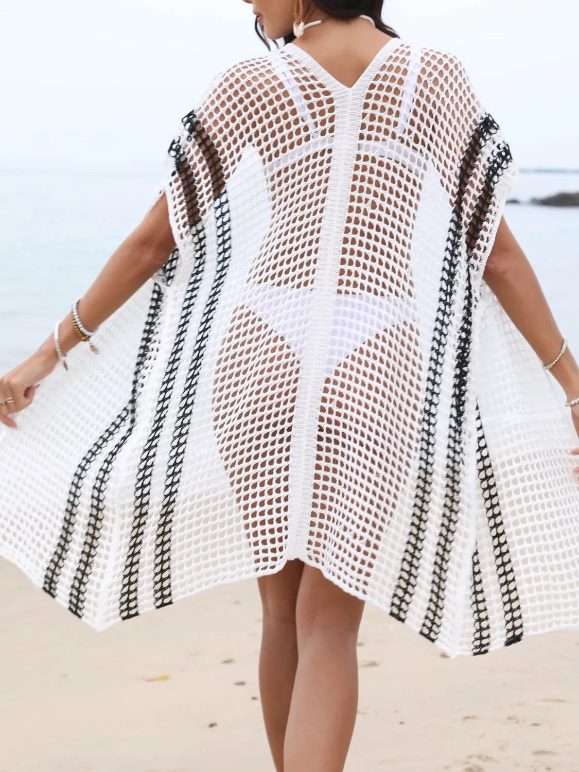 Open Front Contrast Openwork Cover-Up - Ladyez