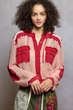 POL Texture Woven Button Down Hooded Shirt with Drawstring Hem