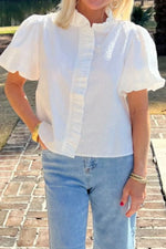 Striped Ruffle Short Bubble Sleeve Shirt