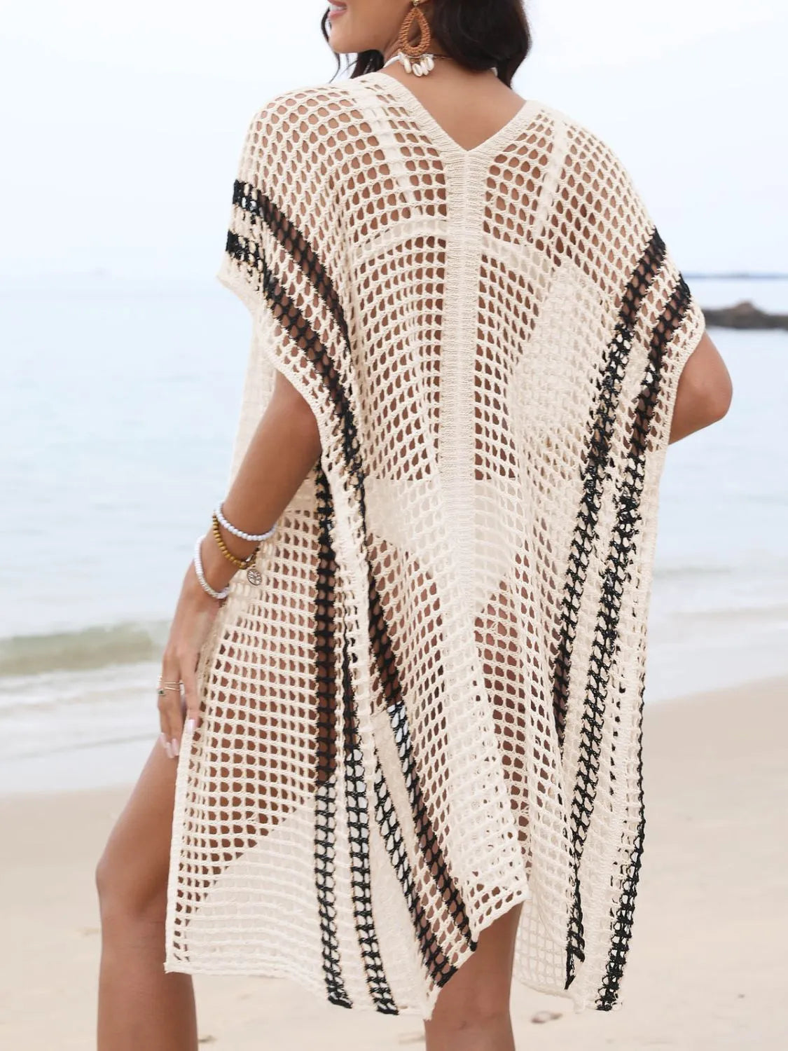Open Front Contrast Openwork Cover-Up - Ladyez