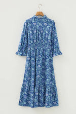 Floral Printed Frilled V Neck Bracelet Sleeve Long Dress