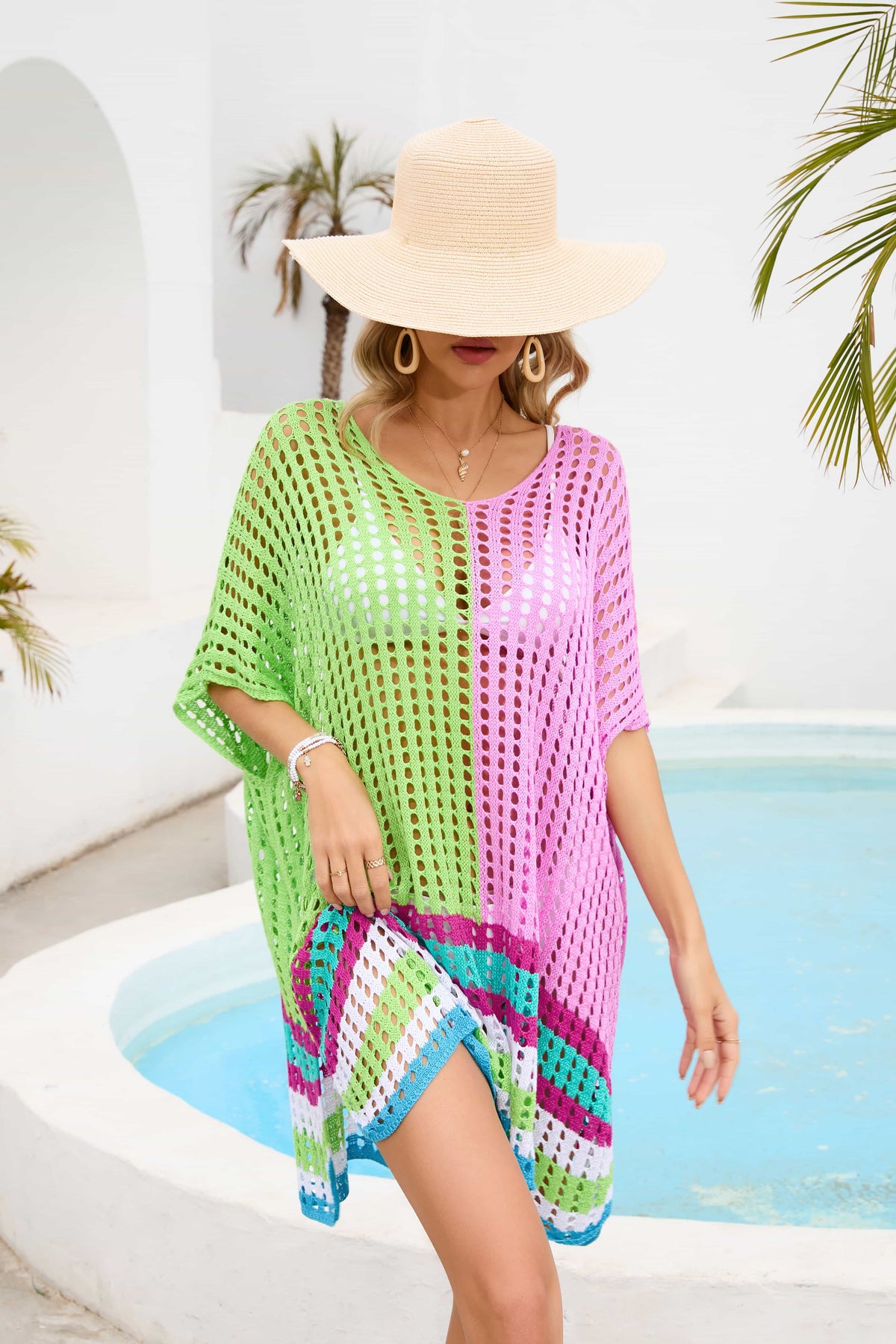 Contrast Scoop Neck Openwork Half Sleeve Cover Up - Ladyez