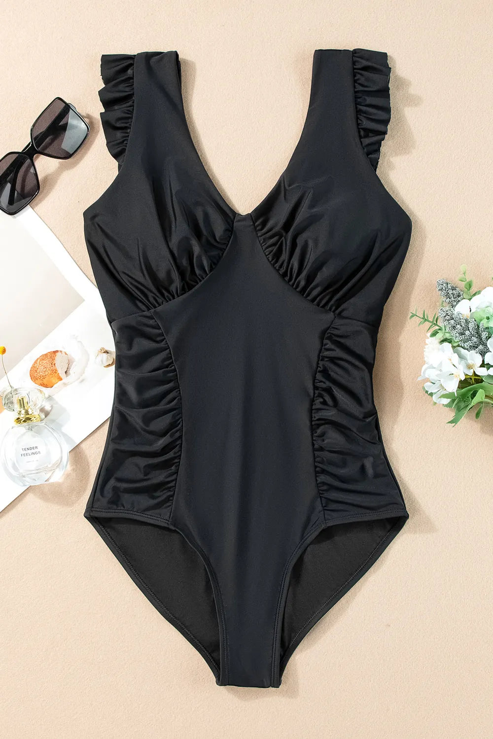 Full Size Ruched V-Neck One-Piece Swimwear - Ladyez