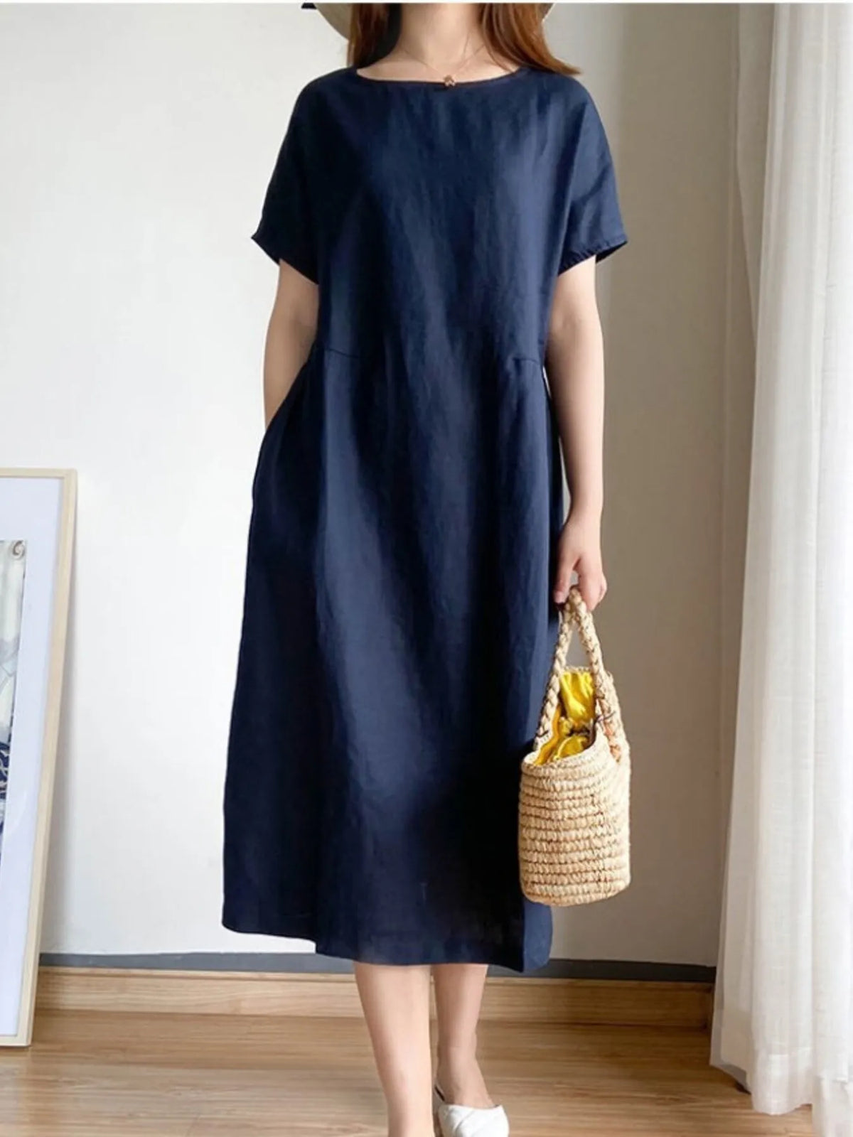 Full Size Casual Round Neck Midi Dress Plus Size - Ladyez