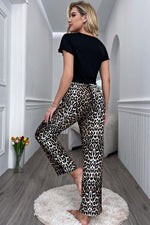 Lettuce Trim Cropped T-Shirt and Leopard Pants Lounge Set - Ladyez