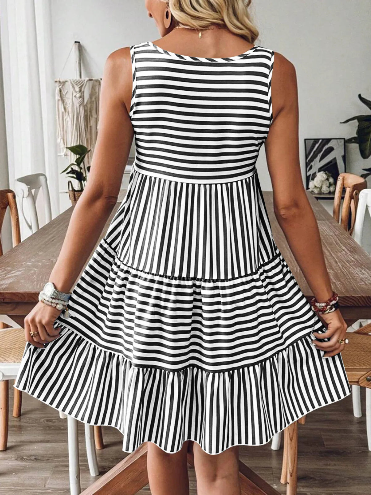 Casual Striped Tiered Ruffle Tank Dress