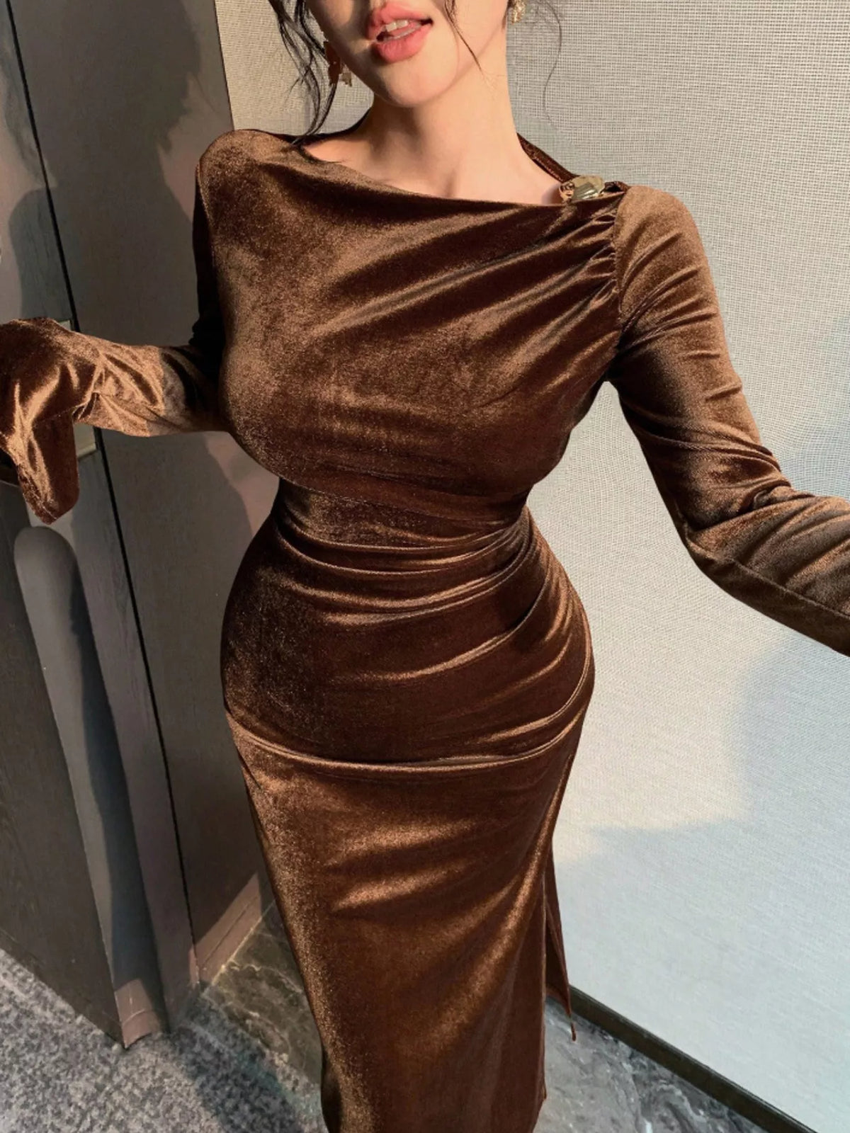 Velvet Ruched Bodycon Midi Dress