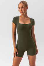 Square Neck Cap Sleeve Active Romper - Ladyez