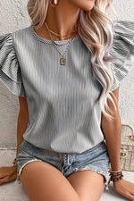 Stripe Striped Ruffle Sleeve Short Sleeve Round Neck Casual Shift Blouse