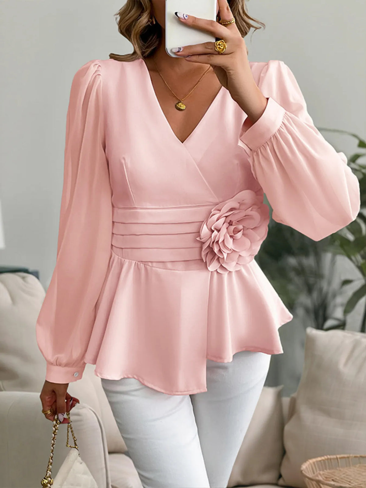 Flower Surplice Long Sleeve Blouse - Ladyez