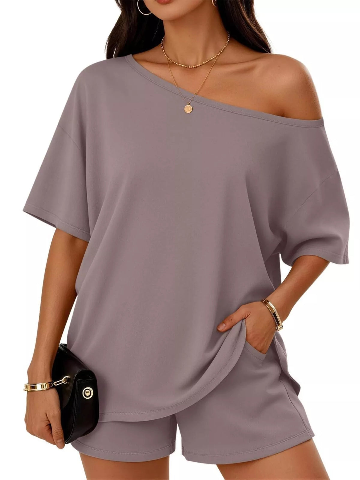 Full Size Boat Neck Tee and Shorts Set Plus Size