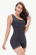 Full Size Zip-Up Scoop Neck Lace Trim Shapewear - Ladyez