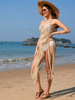 Fringe Openwork Spaghetti Strap Cover-Up - Ladyez