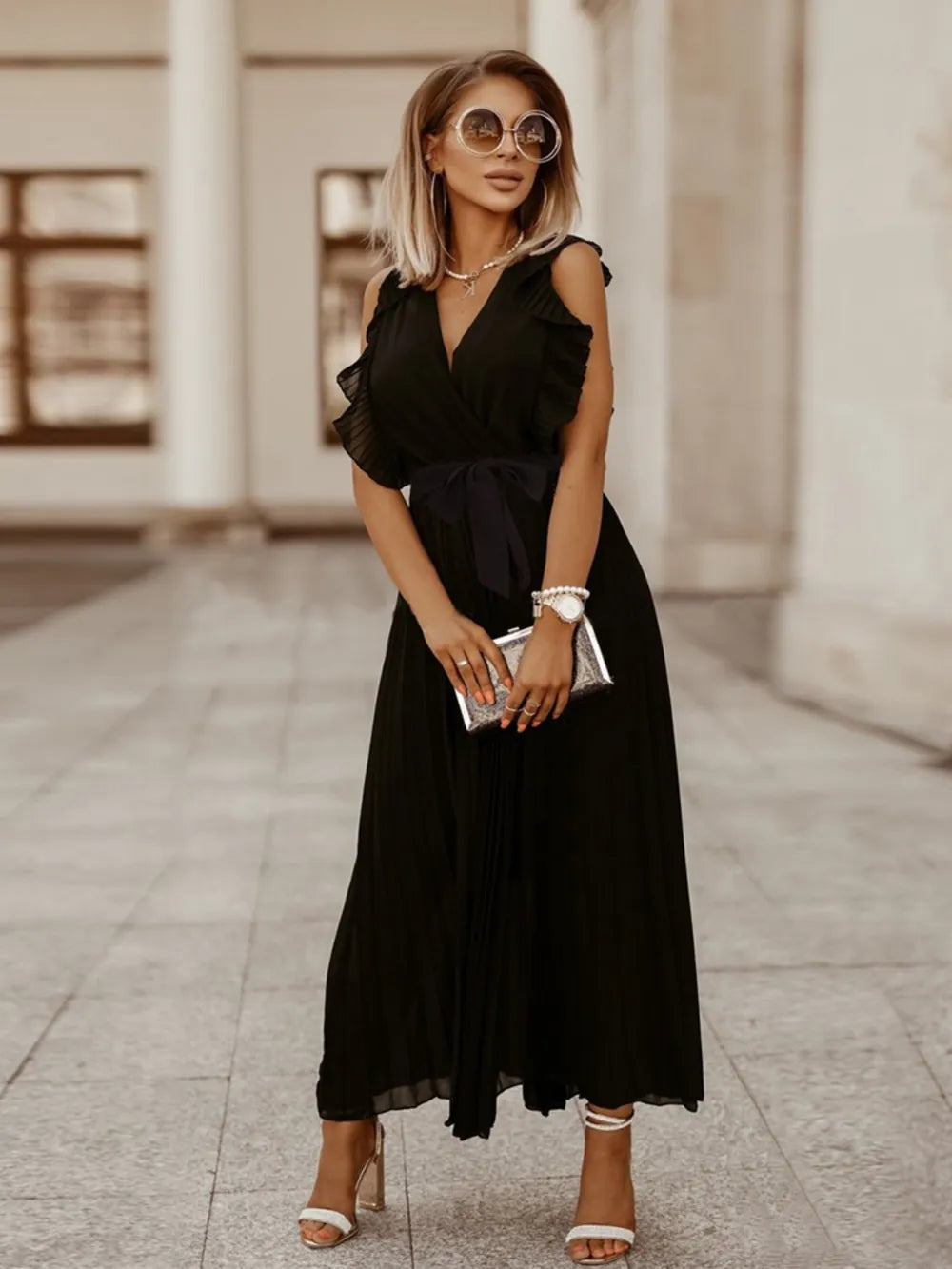 Tied Surplice Cap Sleeve Pleated Dress - Ladyez