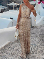 Sequin One-Shoulder Slit Maxi Dress
