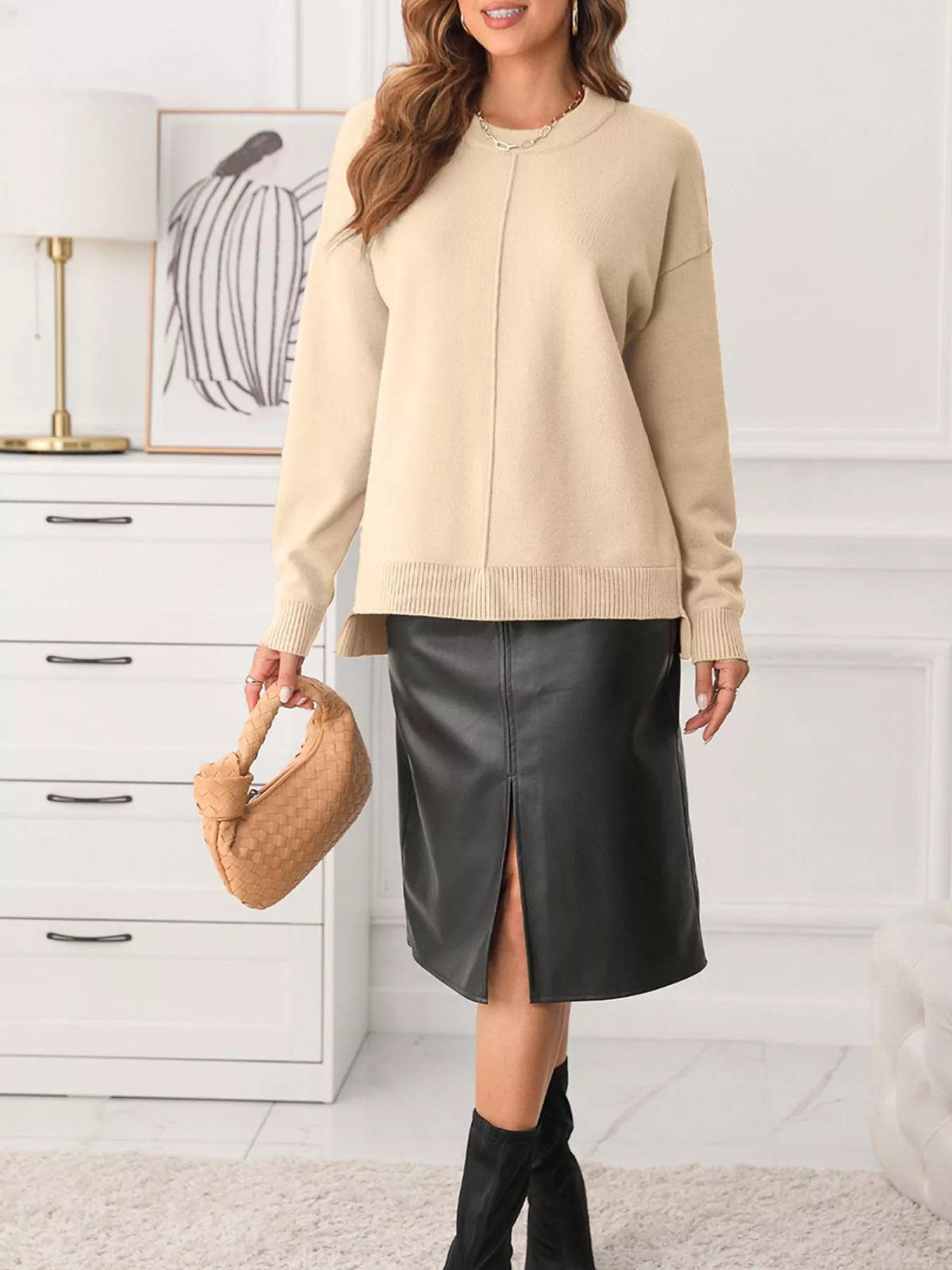 Front Center Seam Drop Shoulder Solid Sweater