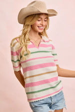 BiBi Multi Colors Stripes Collared Knit Top