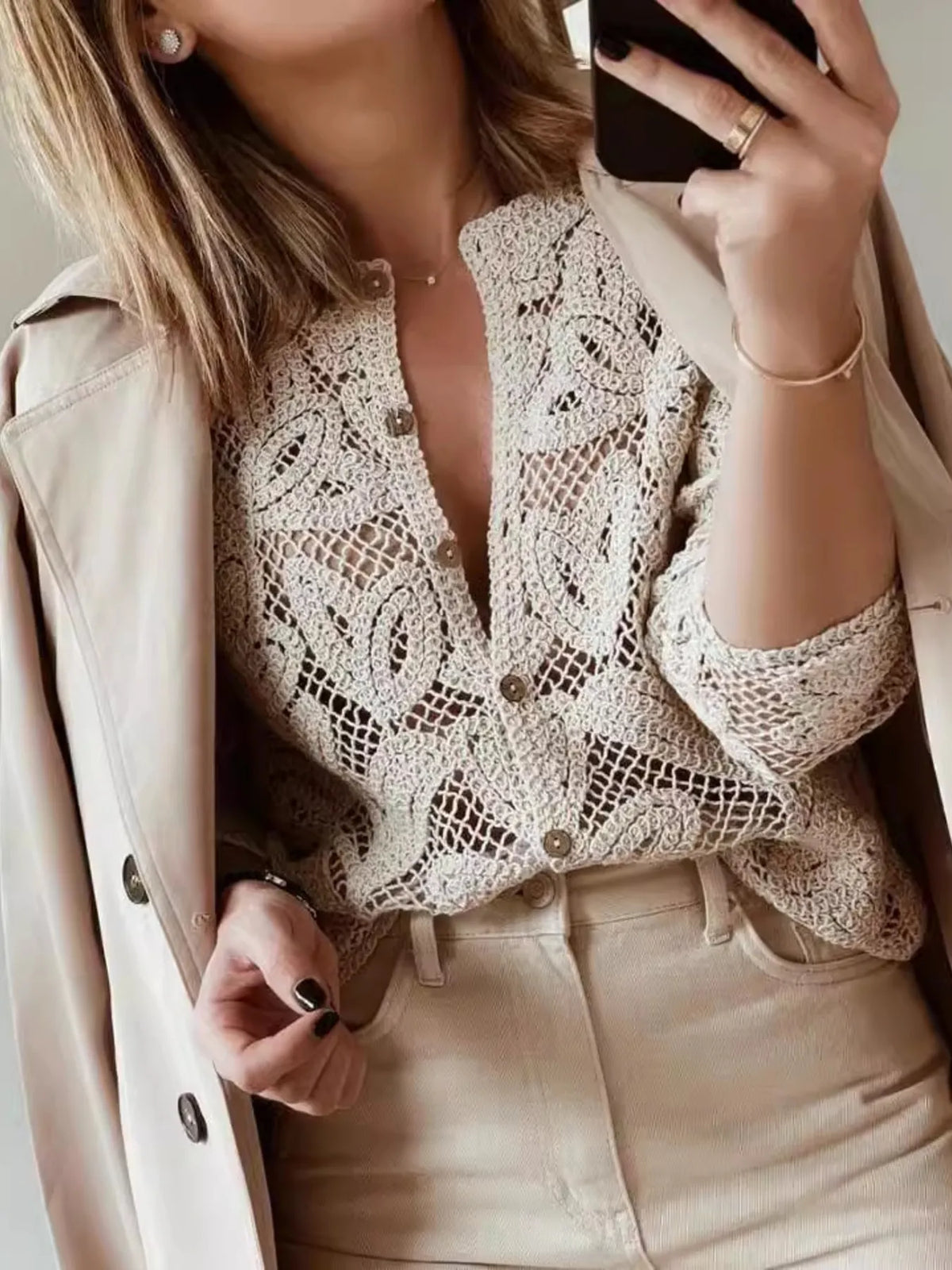 Lace Button-Up Long Sleeve Shirt - Ladyez