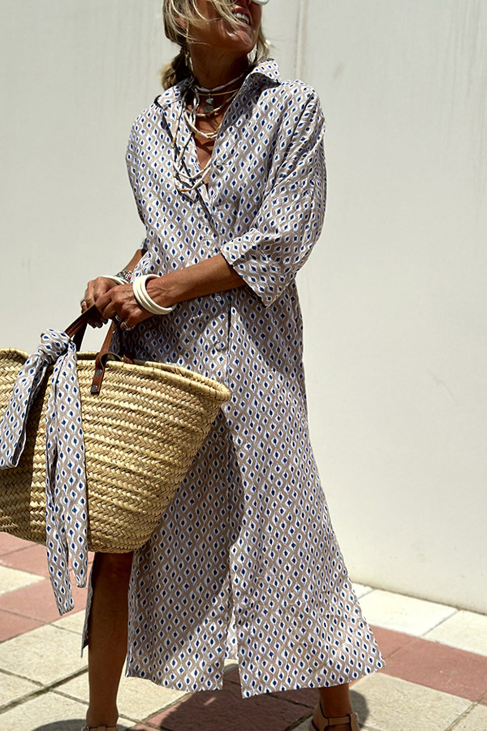 Tied Button Up Three-Quarter Sleeve Dress - Ladyez