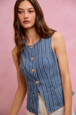 SO ME Stripe Slim Fit Button Front Denim Vest Top